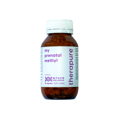 A supplement container of MTHFR (TheraPure) My Prenatal Methyl by MTHFR Support