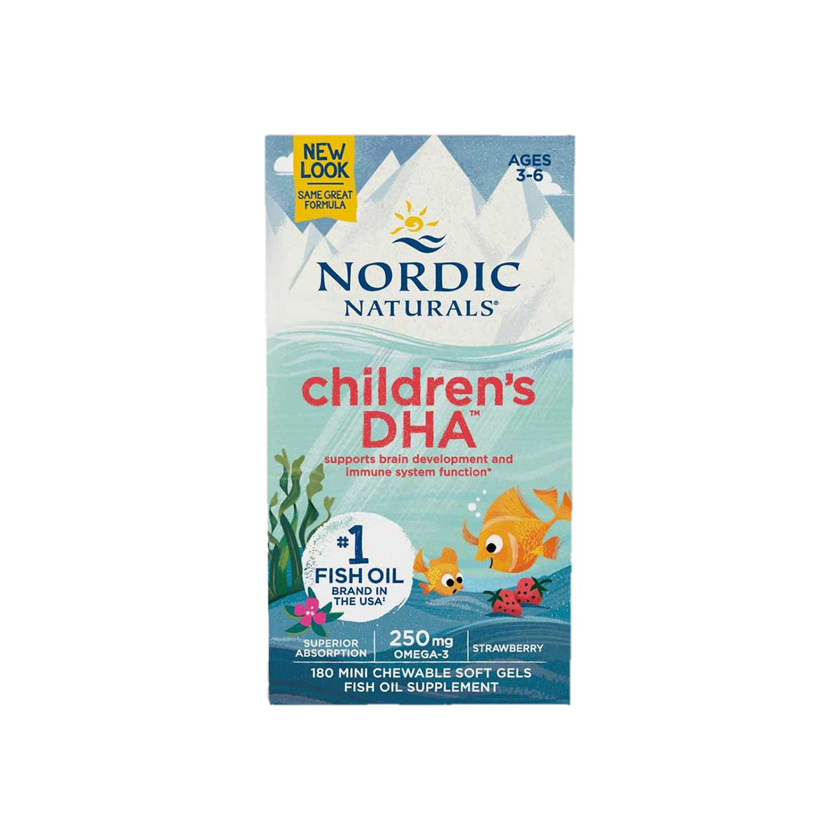A supplement container of Children's DHA Strawberry 180sg by Nordic Naturals