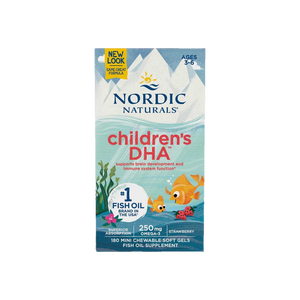 A supplement container of Children's DHA Strawberry 180sg by Nordic Naturals