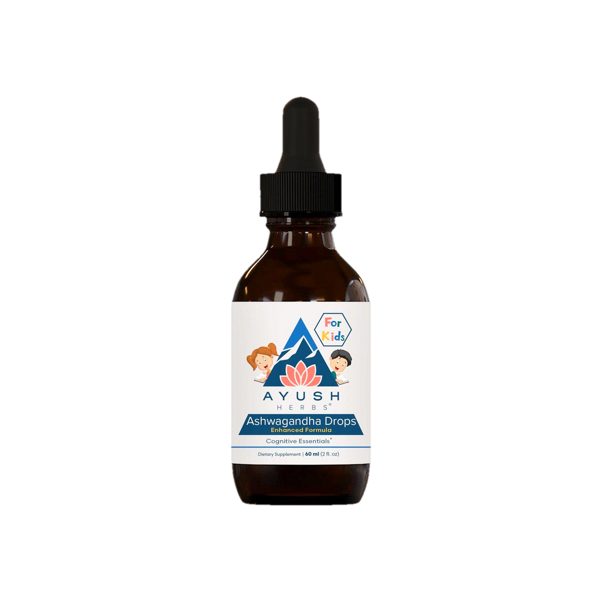 A supplement container of Ashwagandha Drops Kids 60ml by Ayush Herbs