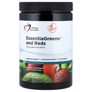 A Supplement container with the name EssentiaGreens and Reds by Designs for Health.