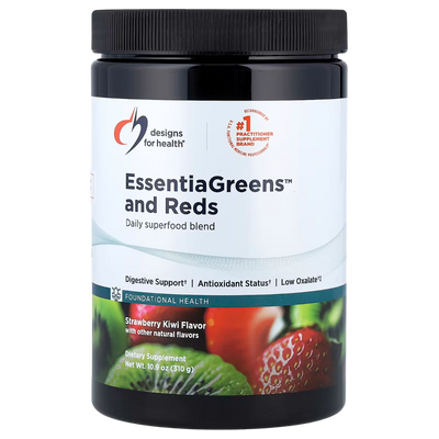 A Supplement container with the name EssentiaGreens and Reds by Designs for Health.