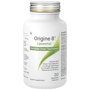 Image of a white bottle that says Origine 8 liposomal complete green tea extract delivers all 8 gren tea catechins in a single daily dose 12x greater absorption bioactive for 24 hours health supplement 30 vegetable capsules 