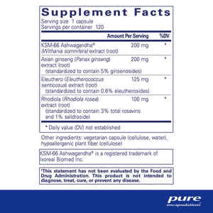 Ingredients: KSM-66 Ahwagandha, Asian ginseng, Eleuthero, Phodiola, 