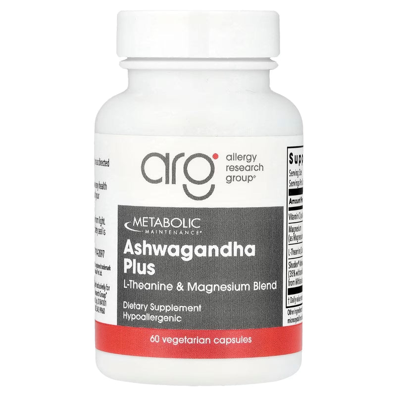 A Supplement container with the name Ashwagandha Plus by Allergy Research Group.