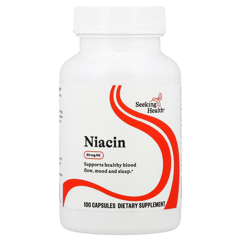 A Supplement container with the name Niacin by Seeking Health.