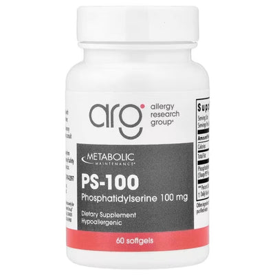 A Supplement container with the name PS-100 Phosphatidylserine (100mg by Allergy Research Group