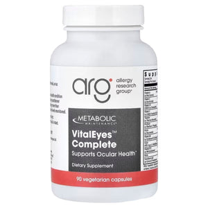 A Supplement container with the name VitalEyes Complete Ocular Formula by Allergy Research Group