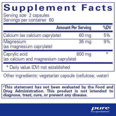 Ingredients: Calcium (as calcium caprylate), Magnesium (as magnesium caprylate), Caprylic acid as calcium and magnesium caprylate).