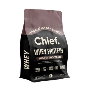 A Supplement pouch with the name Whey Protein (Smooth Chocolate) by Chief Nutrition.