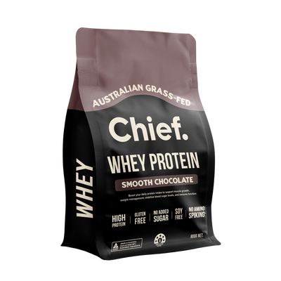 A Supplement pouch with the name Whey Protein (Smooth Chocolate) by Chief Nutrition.