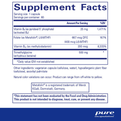 Ingredients: Vitamin B6, Folate, Vitamin B2, Trimethlglycine 