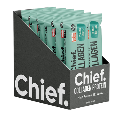 A Box of 12 Supplement bars (Peanut Butter) by Chief Nutrition.
