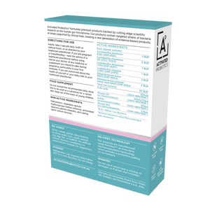 The back of box of Actrivated Probiotics probiotics called Biome Prenatal+ it lists the ingredients and instructions on how to use it.