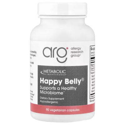 A Supplement container with the name Happy Belly by Allergy Research Group