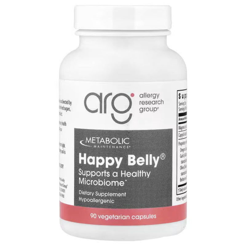A Supplement container with the name Happy Belly by Allergy Research Group
