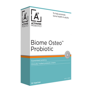 A box of Activated Probiotics probiotics called Biome Osteo. White and light blue box.