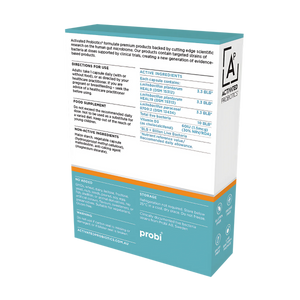 The back of box of Activated Probiotics Biome Osteo probiotic., listing the ingredients and the instructions on how to use.