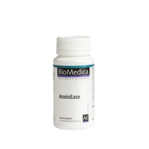 A Supplement container with the name AnxioEase (60 caps) by BioMedica