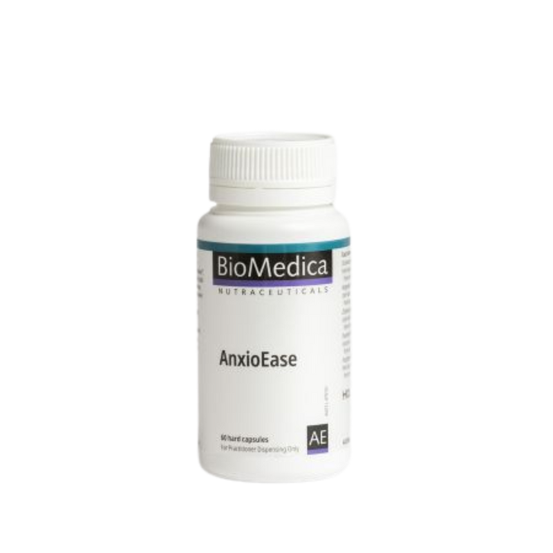 A Supplement container with the name AnxioEase (60 caps) by BioMedica