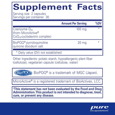 Ingredients: Coenzyme Q10, BioPQQ pyrroloquinoline quinone disodium salt.
