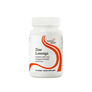 A Supplement container with the name Zinc Lozenge by Seeking Health.