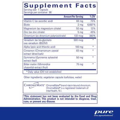 Ingredients: Vitamin C, Biotin, Magnesium, Zinc, Chromium, Vanadium, Alpha Lipoic Acid,
Cinnamon, Gymnema, Bitter Melon