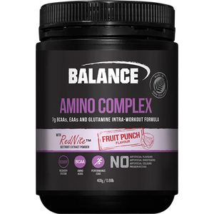 A Supplement container with the name Amino Complex by Balance.