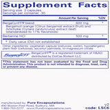 Ingredients: BergaCynFF blend Bergamot ornage (citrus bergamia) extract (fruit) and Artichoke (Cynara cardunculus) extract (leaf) Standardized to 17% flavonoids). Berberine HCI.