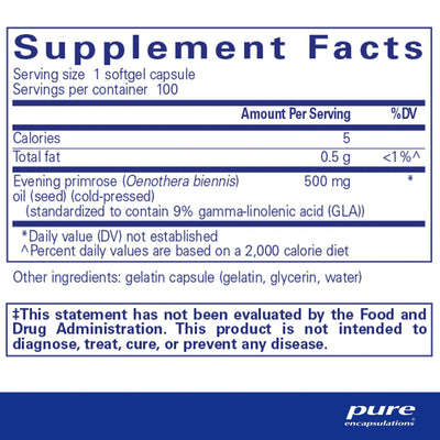 Ingredients: Evening primrose (Oenothera biennis) oil (seed) (cold-pressed) (standardized to contain 9% gamma-linolenic acid (GLA)