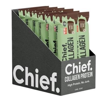 A Box of 12 Supplement bars (Choc Mint) by Chief Nutrition.