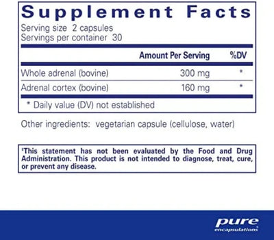 Text describing the ingredients: Whole Adrenal (bovine) Adrenal Cortex (bovine).