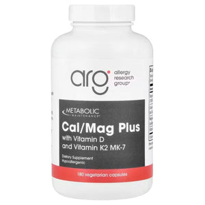 A Supplement container with the name Cal/Mag Plus with Vitamin D and Vitamin K2 MK-7 by Allergy Research Group.