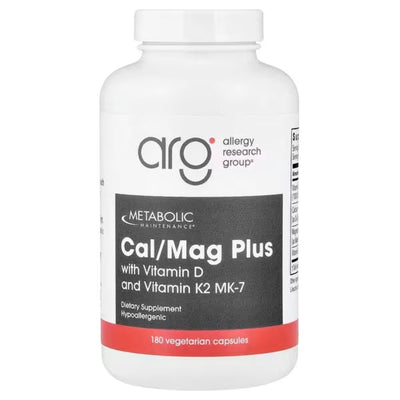 A Supplement container with the name Cal/Mag Plus with Vitamin D and Vitamin K2 MK-7 by Allergy Research Group.