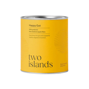A supplement container with the name Happy Gut by To Islands