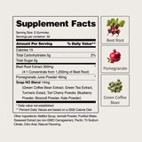 Ingredients: Beet Root Extract, Pomegranate juice powder, Green Coffee Bean Extract, Green Tea Extract, Turmeric Extract, Tart Cherry Powder, Blueberry Powder, Broccoli Powder, Kale Powder.