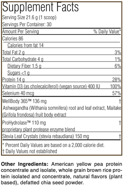 Text listing the ingredients including Wellbody 365m Asgwagandha, Withania somnifera, Maitake, Grifola frondosa, ProHydrolase, Stevia