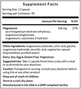 Supplement facts for Magnesium3™ listing ingredients including Ascorbic Acid, Citric Acid, Glycine, Magnesium, Magnesium bisglycinate