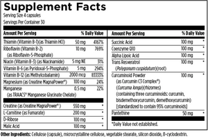 Text listing the ingredients including Thiamin, Riboflavin, Niacin, Vitamin B6, Vitamin B12, Magnesium, Creatine Magnapower, Maganese, L- Carnitine,  D- Ribose, Malic Acid, Succinic Acid, Coenzyme Q10, Alpha Lipoic Acid, Trans Resveratrol , Curcumin c3, Curcumin bisdemethoxycurcumin, Demthoxycurcumin, Pantethine, cellulose (capsule), microcrystalline cellulose, vegetable stearate, silicon dioxide, B- cyclodextrin 