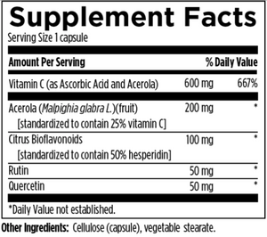 Supplement facts for Stellar C™ listing ingredients including Acerola extract, Ascorbic Acid, Citrus Bioflavonoids extract, Hesperidin, Malpighia glabra fruit
