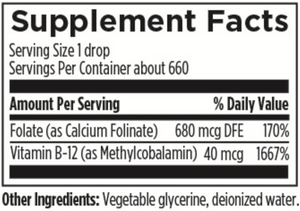 Supplement facts for Super Liquid Folate listing ingredients including Calcium Folinate, Folate, Vitamin B12, Vitamin B12 Methylcobalamin
