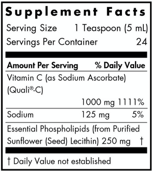Text describing the ingredients: Vitamin C (as Sodium Ascorbate) (Quali C) Sodium, Essential Phospholipids (from purified Sunflower (seed) Lecithin).