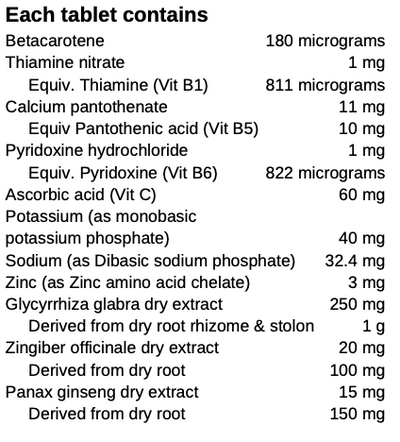 Supplement facts for Aden Complex listing ingredients including Ascorbic Acid, Beta carotene, Calcium Pantothanate, Dibasic sodium phosphate, Ginger