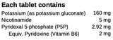 Supplement facts for Potassium Plus listing ingredients including Potassium gluconate, Vitamin B3 Niacinamide, Vitamin B6 (pyridoxal 5-phosphate), Vitamin B6 (pyridoxine)