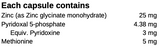 Text listing the ingredients including Zinc, Zinc glycinate, P5P, Pyridoxal 5-phosphate, Methionine