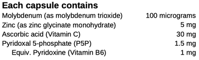 Supplement facts for Moly Zinc listing ingredients including Ascorbic Acid, Molybdenum, Molybdenum (as molybdenum trioxide), Vitamin B6 (pyridoxal 5-phosphate), Vitamin B6 (pyridoxine)