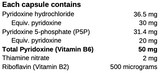 Supplement facts for Activated B6 Plus listing ingredients including Vitamin B1 (thiamine nitrate), Vitamin B2 (riboflavin), Vitamin B6 (pyridoxal 5-phosphate), Vitamin B6 (pyridoxal HCl)