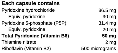 Supplement facts for Activated B6 Plus listing ingredients including Vitamin B1 (thiamine nitrate), Vitamin B2 (riboflavin), Vitamin B6 (pyridoxal 5-phosphate), Vitamin B6 (pyridoxal HCl)