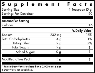 Text listing the ingredients including Modified Citrus Pectin 5gm