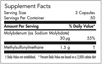 Text listing the ingredients including Molybdenum and Mathylsulfonylmethane